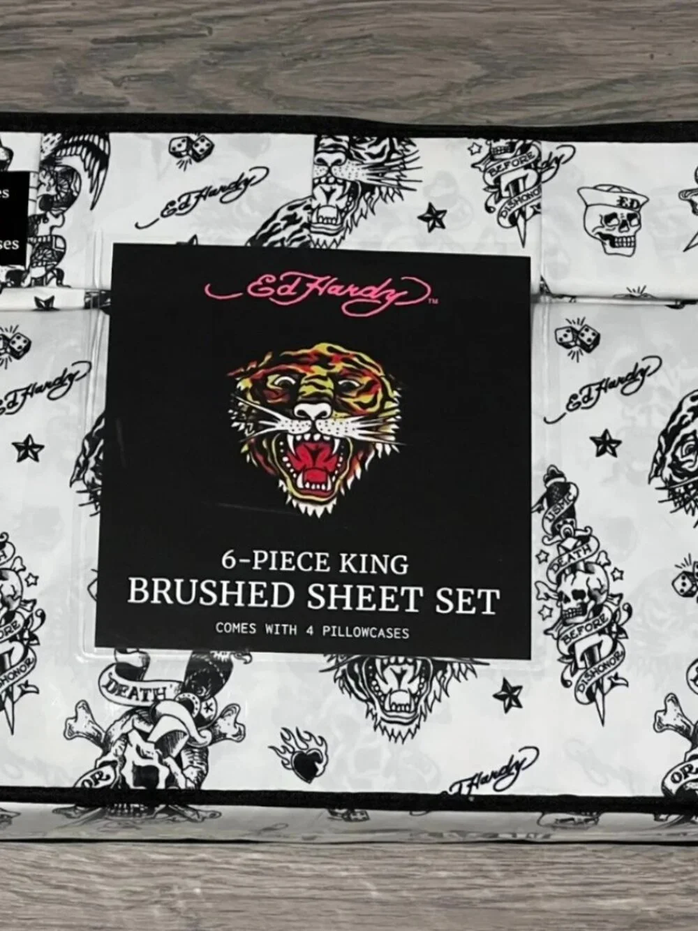ED HARDY KING White Black Sheet Set 6pc New Tattoo Skull Dagger Tiger Y2K Grunge